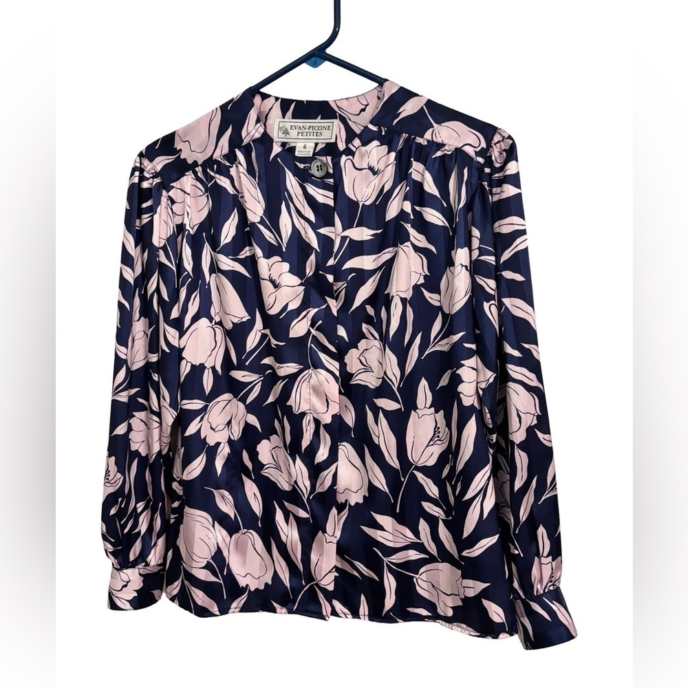 Evan Picone Navy and Pinkish Lavender Floral Blouse